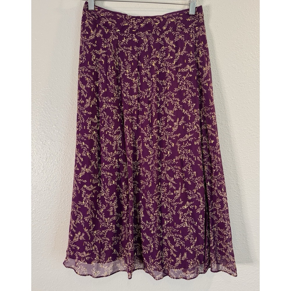 Sézane Purple Floral Metallic Gold Midi Skirt Side Slit Parisian Boho Size 36/4